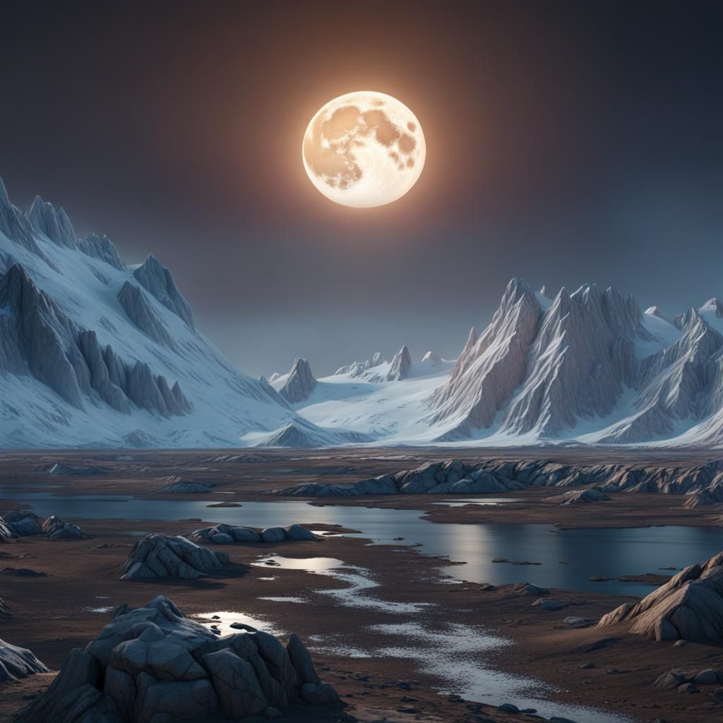 Arctic Wasteland Supermoon in Detailed Digital Painting