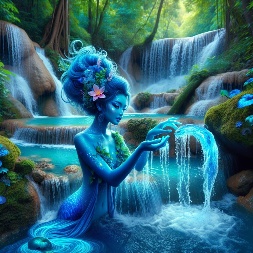 Enchanting Water Nymph Plays in Lush Forest Waterfall