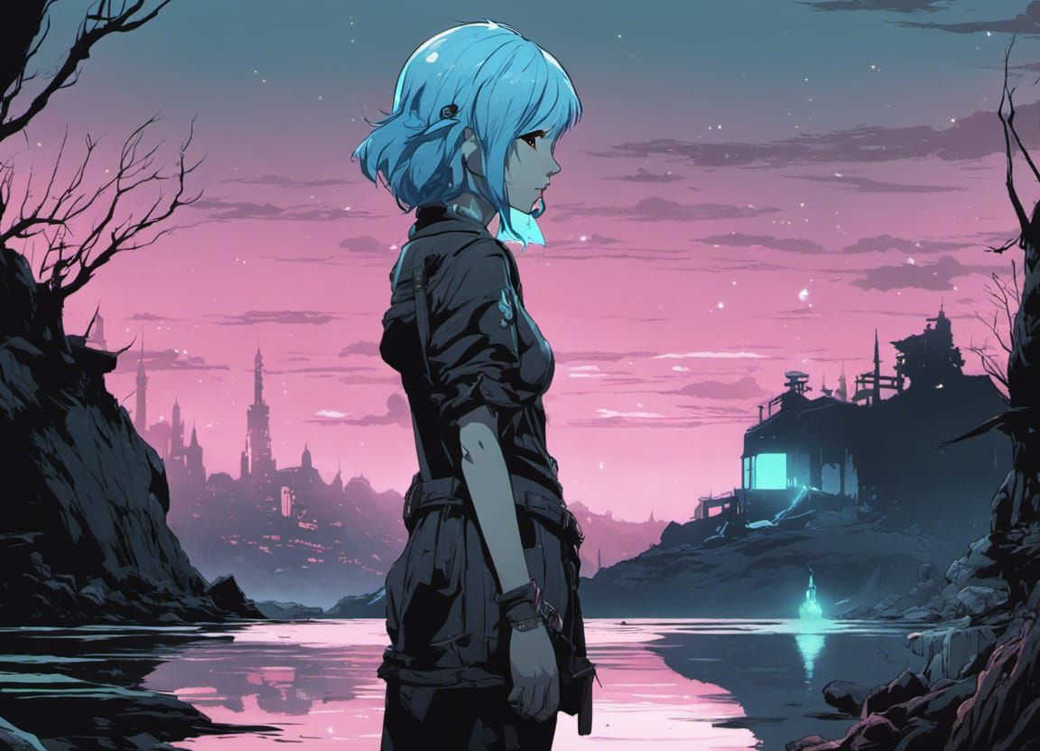 Anime Girl in Dreamy Landscape, Darkest Dungeon Style