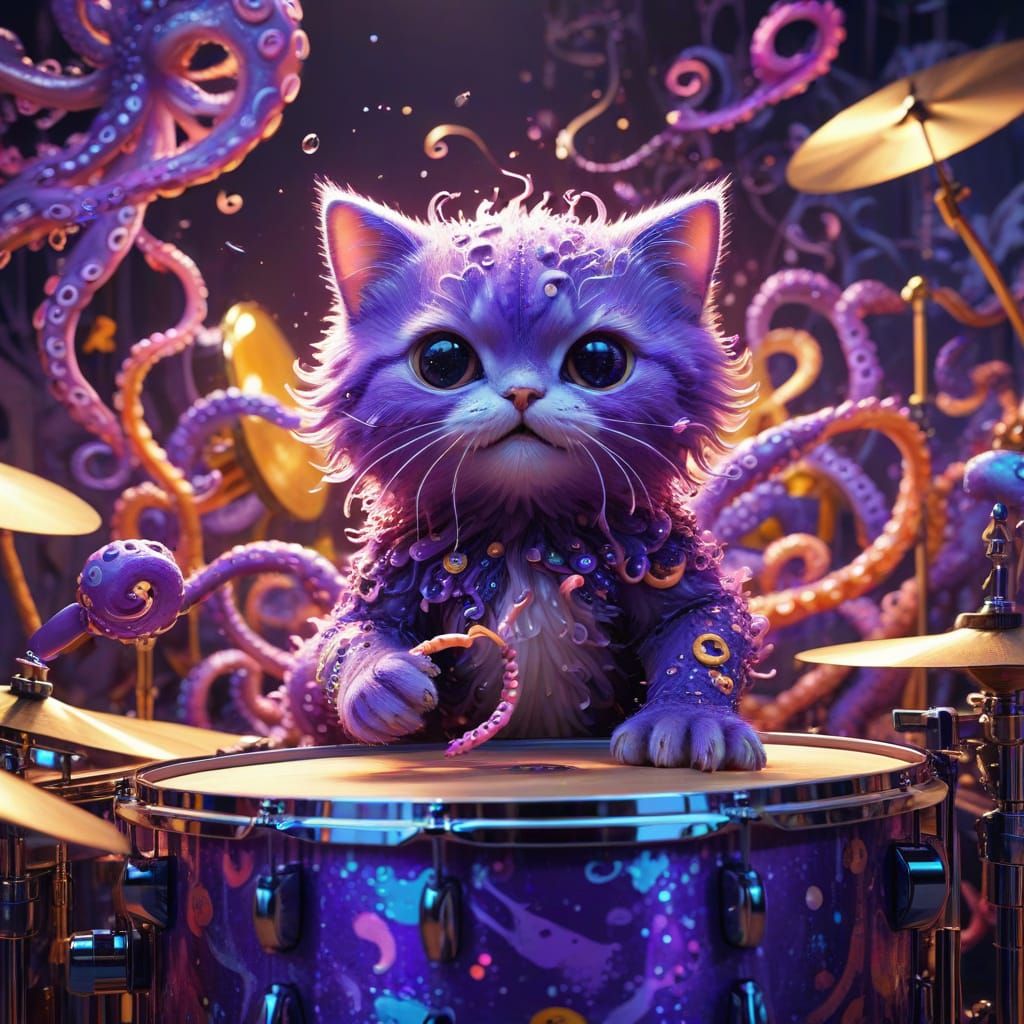 Vibrant Digital Art of a Whimsical Octo-Kitten Drummer