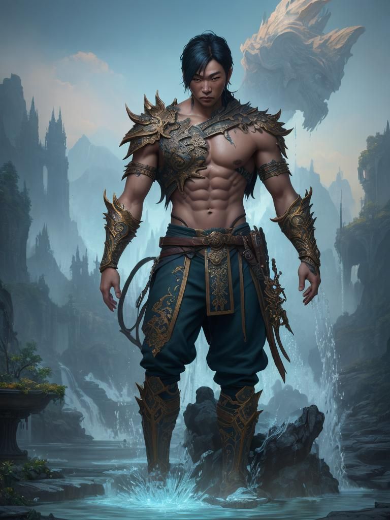 Triumphant Fantasy Warrior in Decorative Fountain