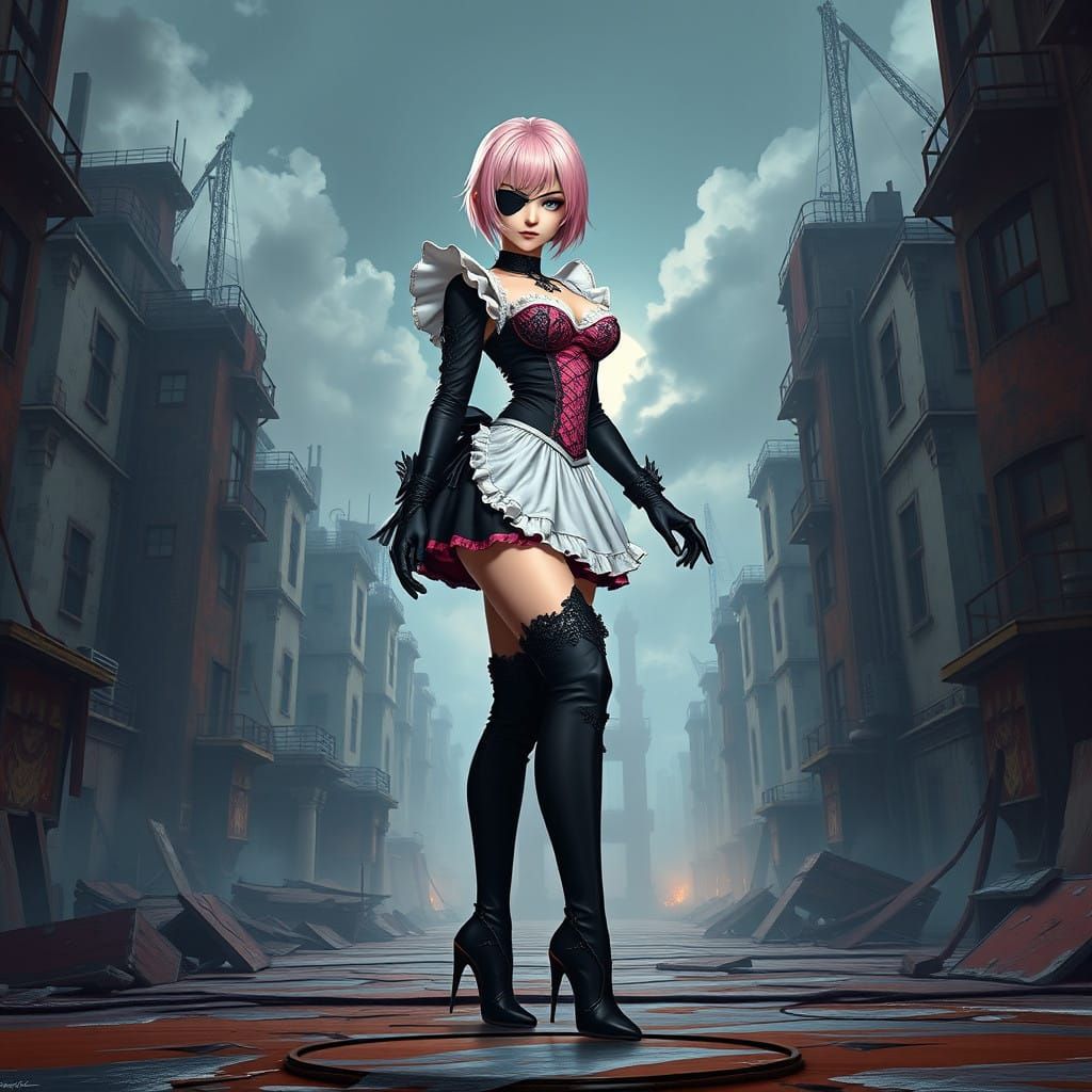 Elegant Cyberpunk Warrior in Dilapidated City