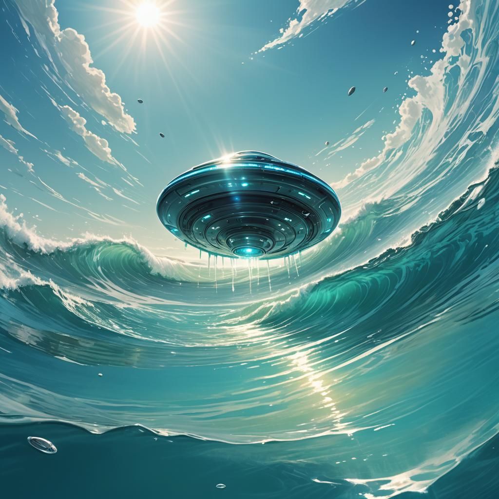 Flying Saucer over Turquoise Sea: Digital Concept Art
