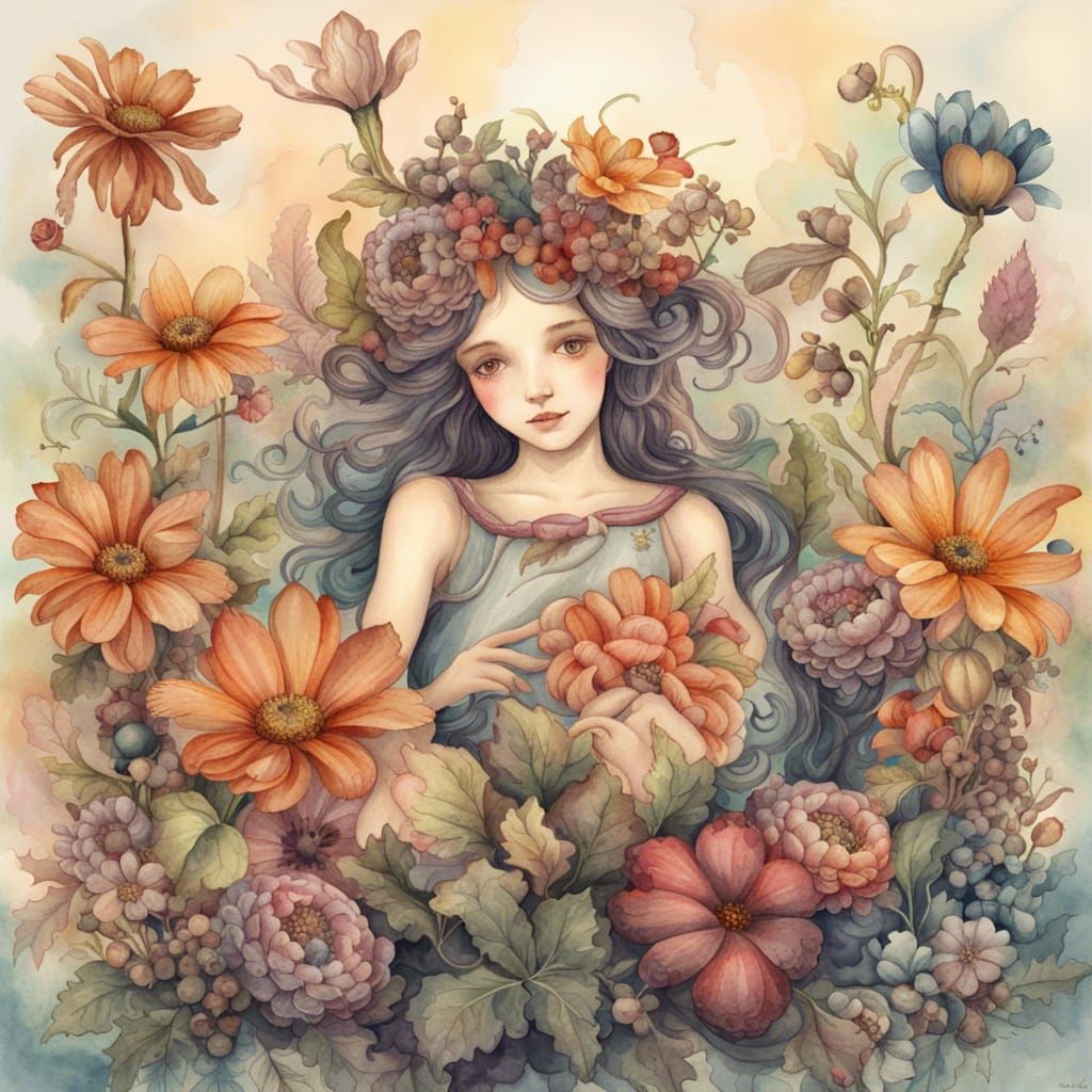 Vintage Watercolor Flower Fairy with Floral Accents