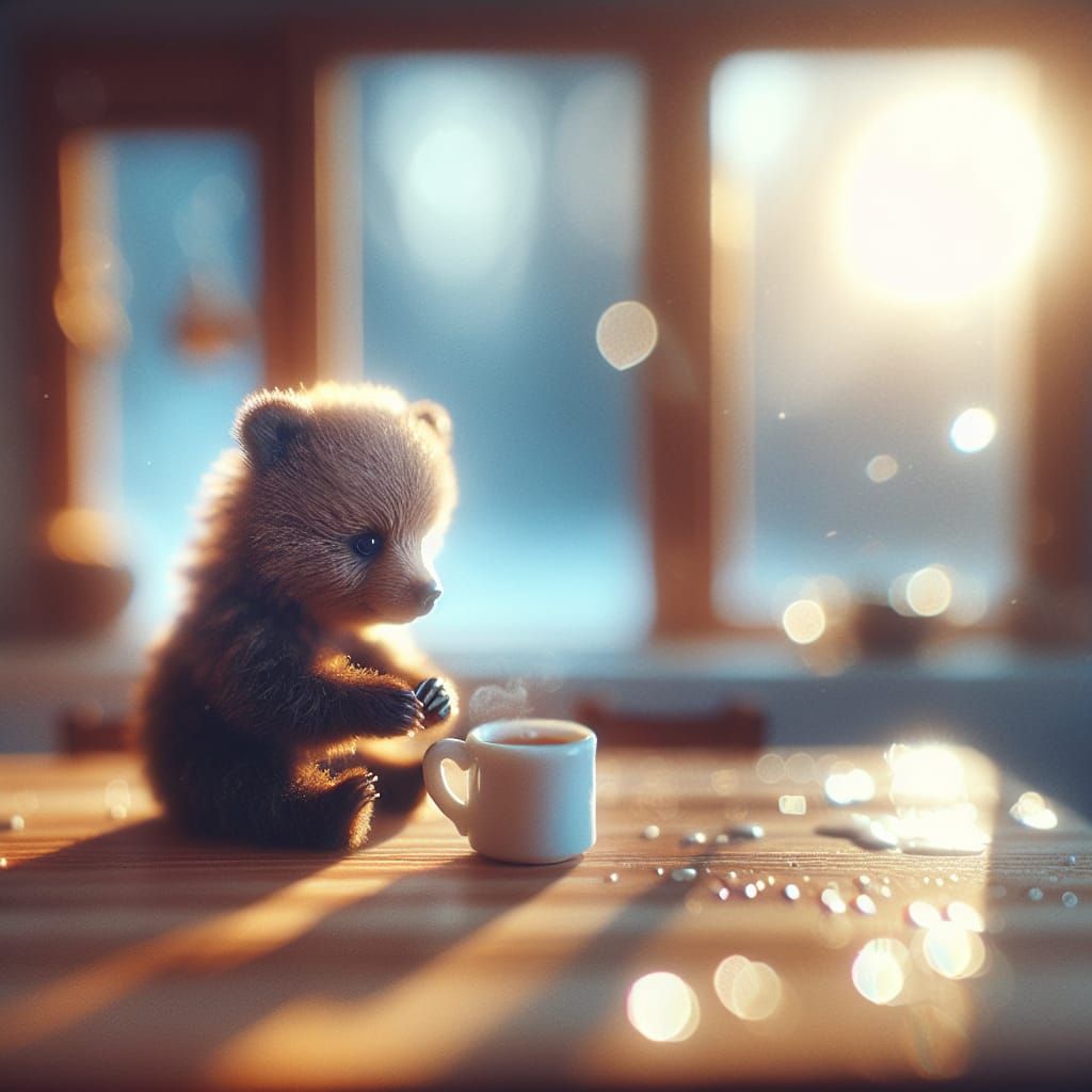 Adorable Bear Cub Sipping Tea in Miniature Kitchen