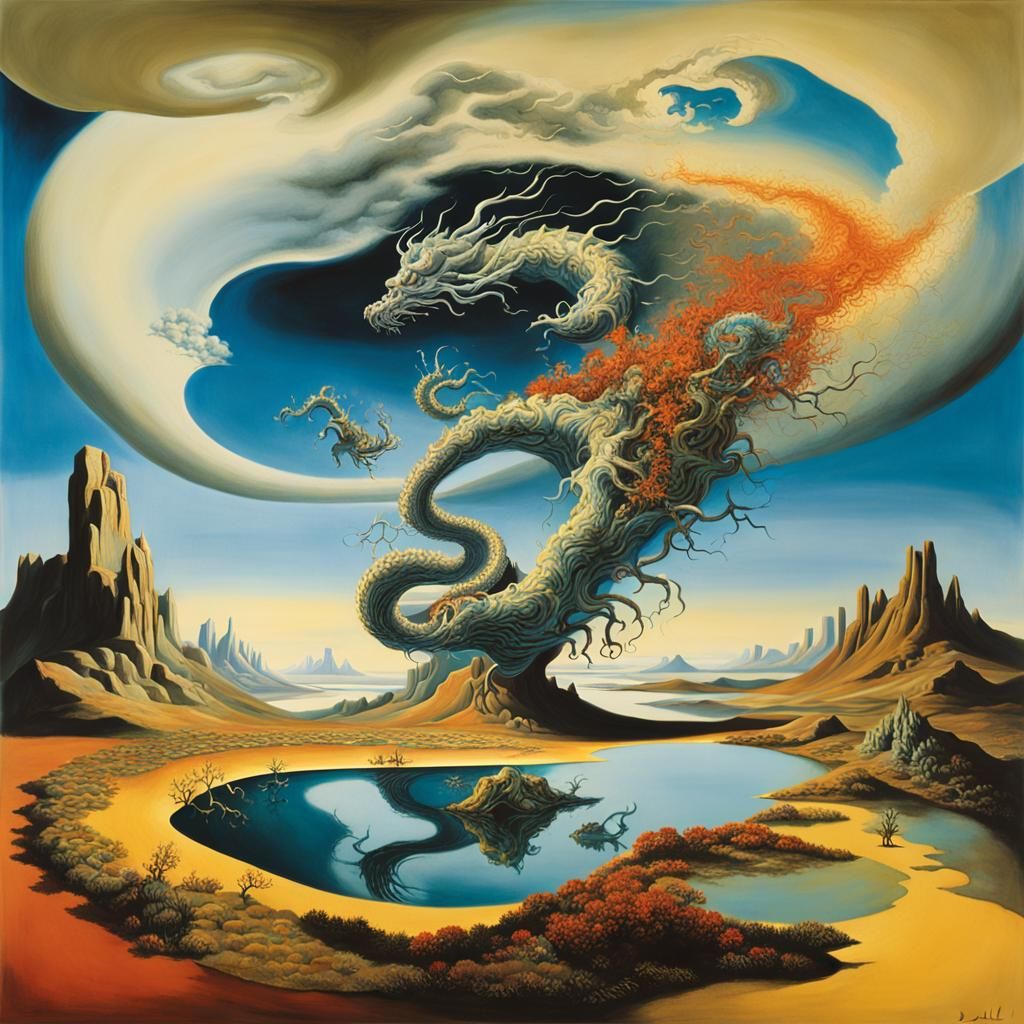 Surreal Landscape with Dragon Vortex, in Dali Style