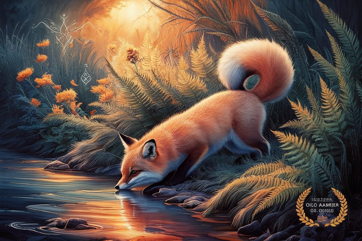 Fox Drinking River: Watercolor and Ink Illustration