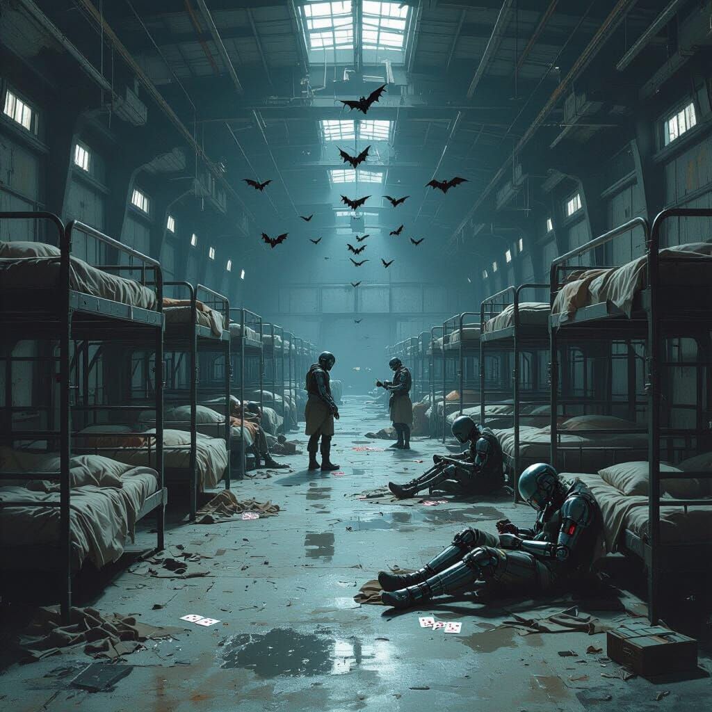 Dystopian Hangar Scene with Cyborgs and Sleeping Humans