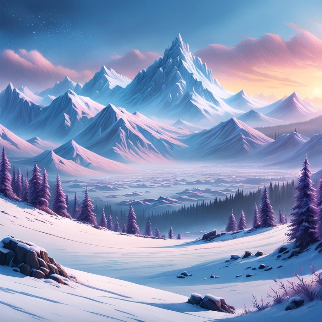 Snowy Mountain Range in Atmospheric Digital Painting