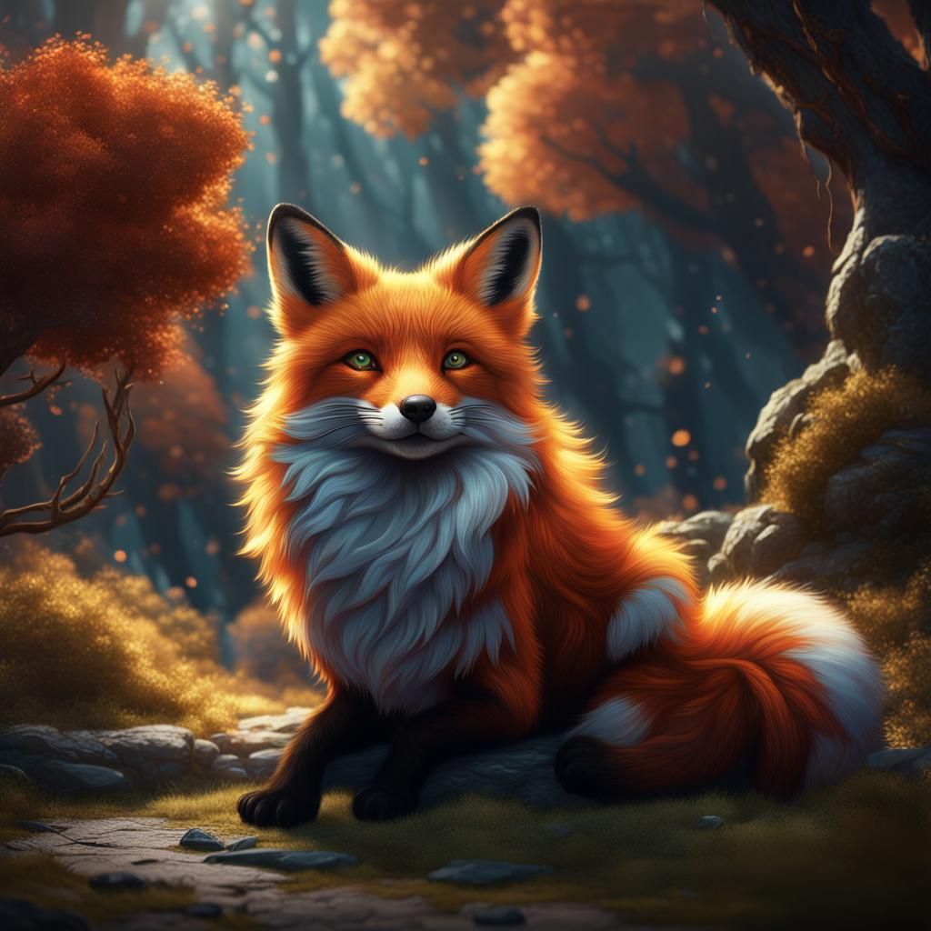Fluffy Fox in Light and Shadow: Detailed Matte Painting