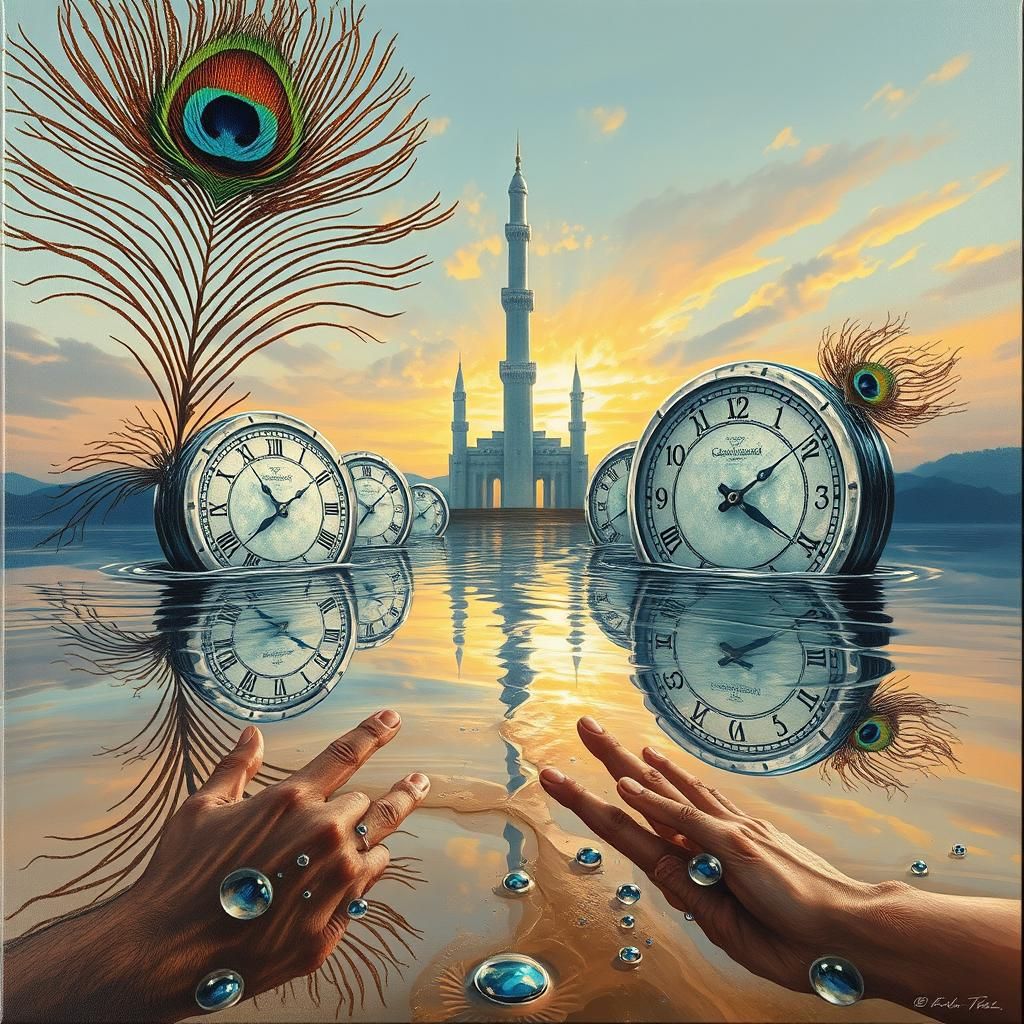 Surreal Lake Scene with Peacock Feathers in Dreamy Style