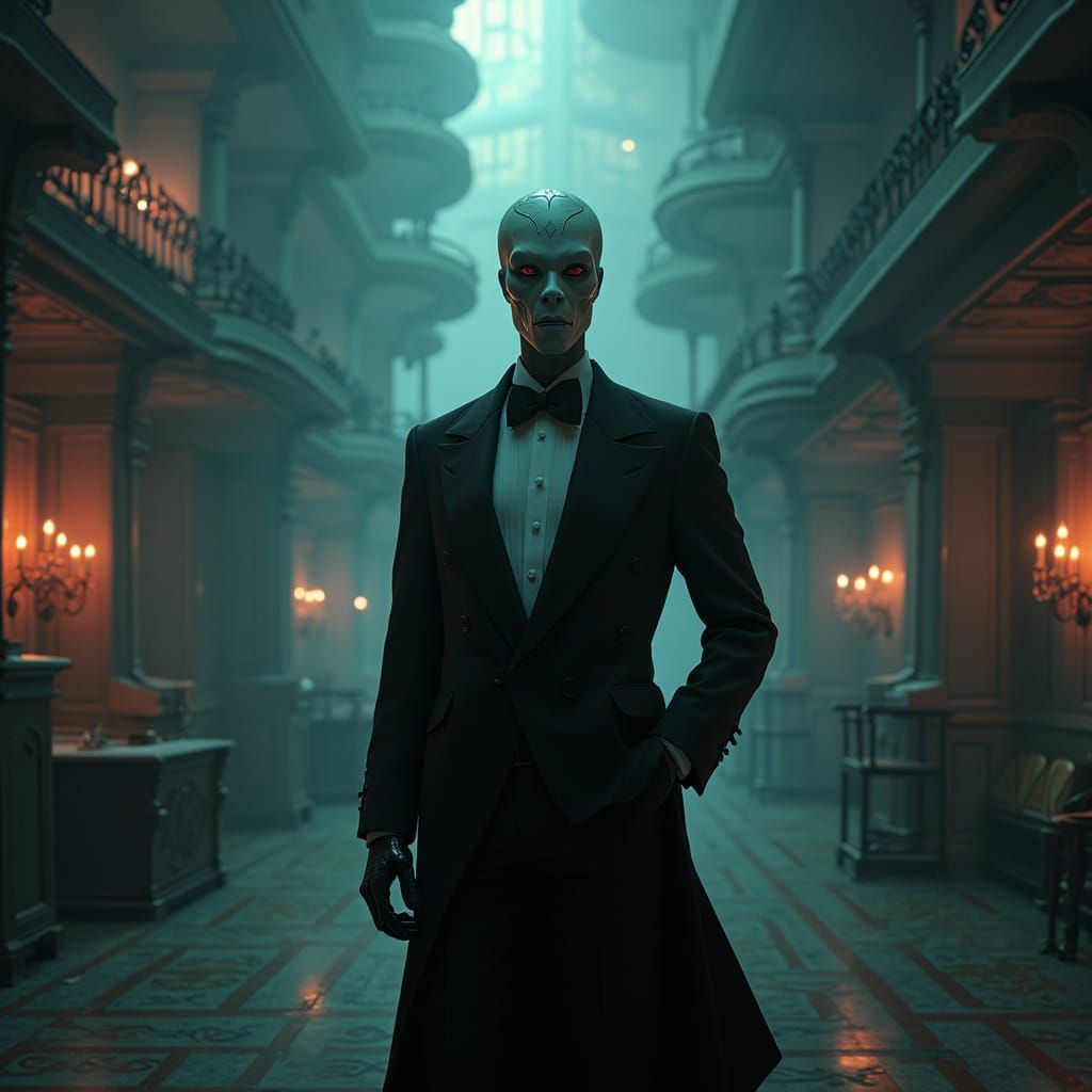 Surreal Masquerade Figure in Gothic Game Arena