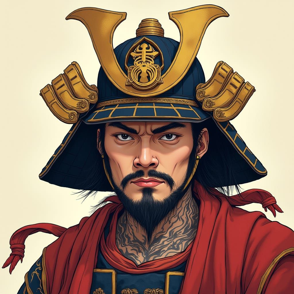 Samurai Warrior's Fierce Portrait in Intricate Armor