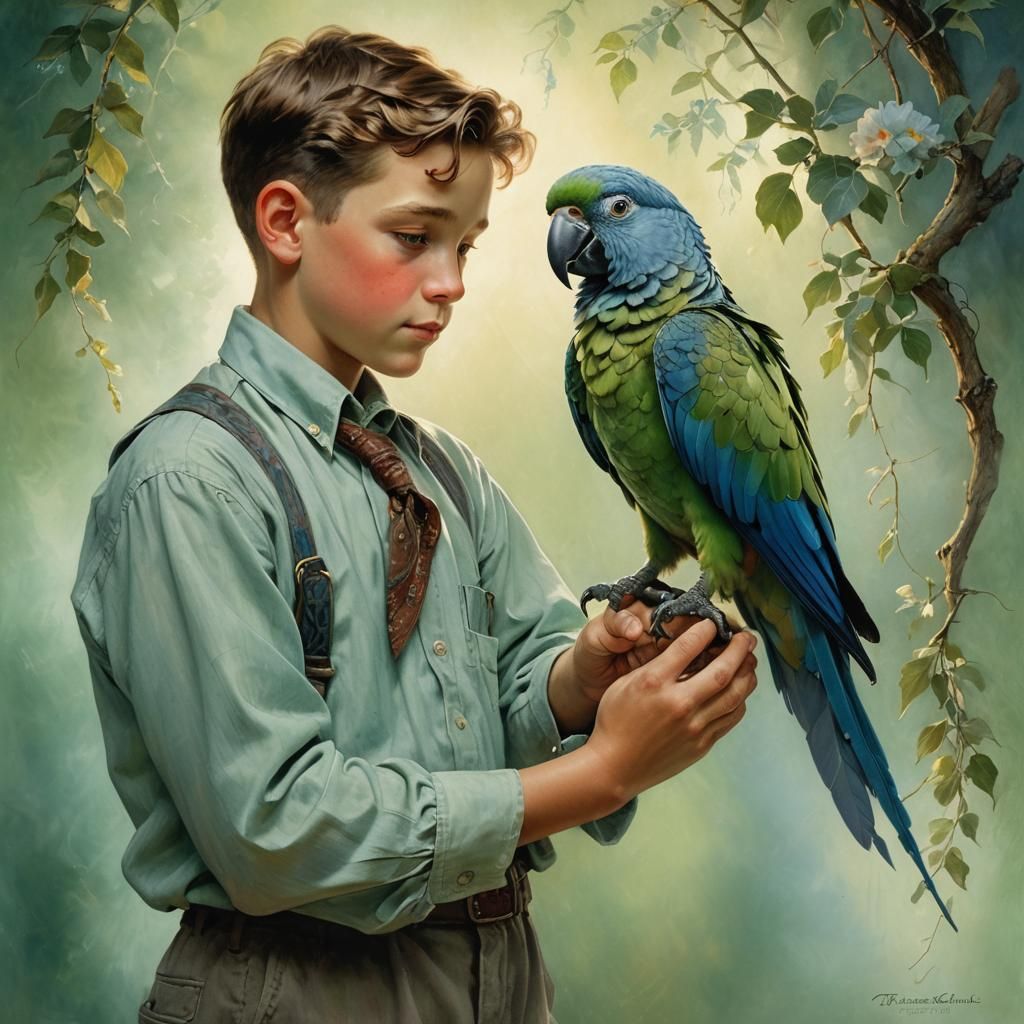 Child and Parrot Portrait in Rockwell Style