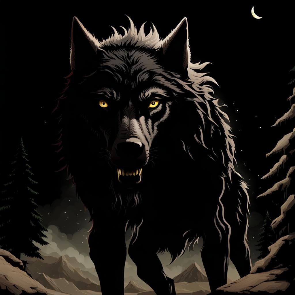 Wolf Gazing at Full Moon in the Darkness