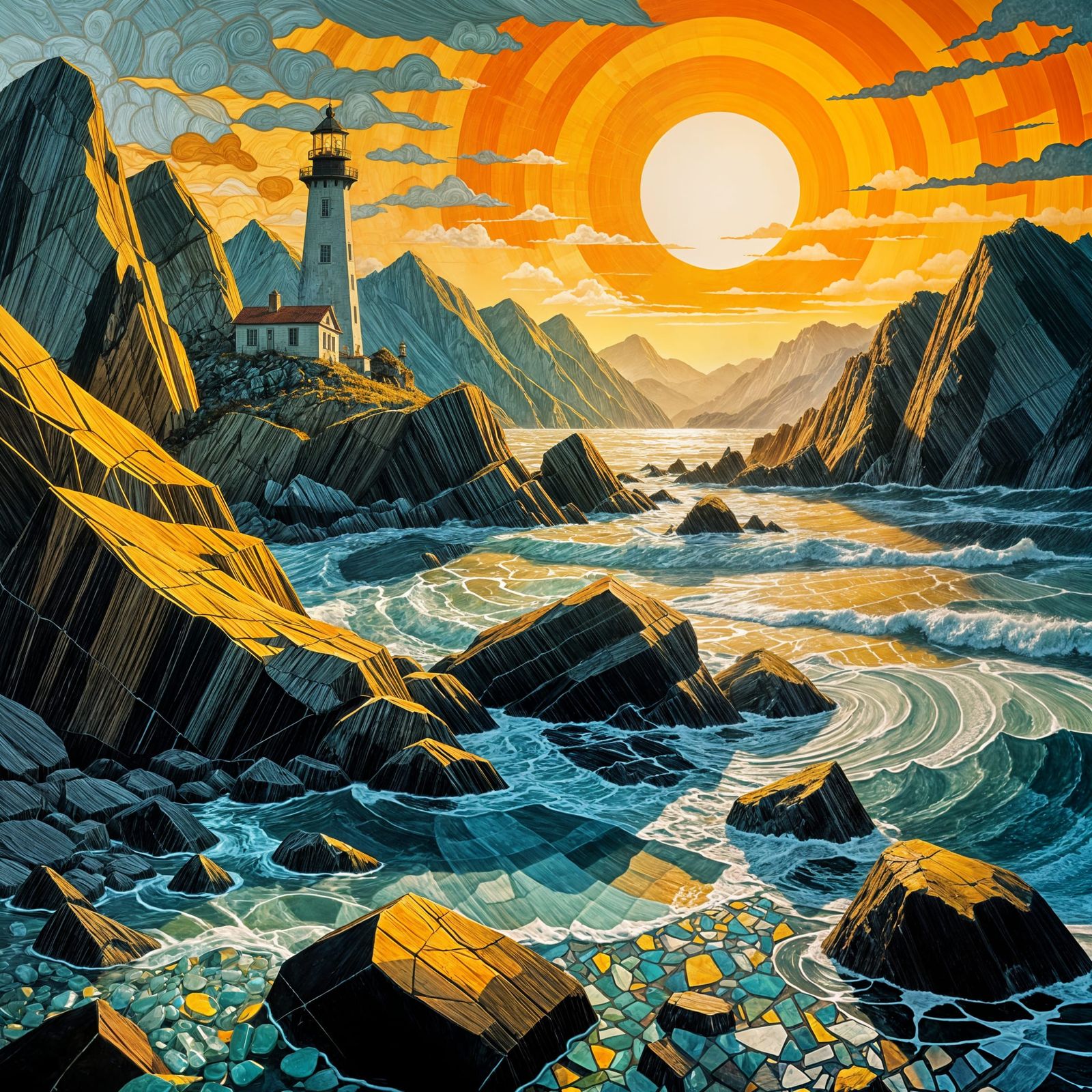 Glowing Seascape Lighthouse in Golden October