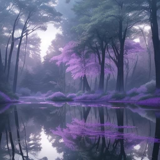 Mystical Forest Scene at Dawn with Colorful Trees