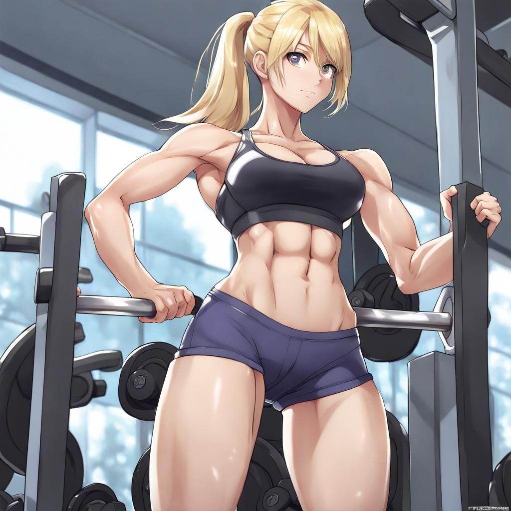 Blonde Woman Lifting Weights in Anime Style