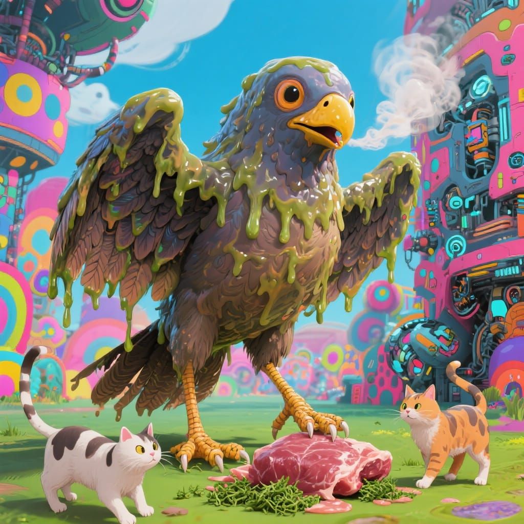 Gooey Slime Bird Attracts Cats: Whimsical Digital Art