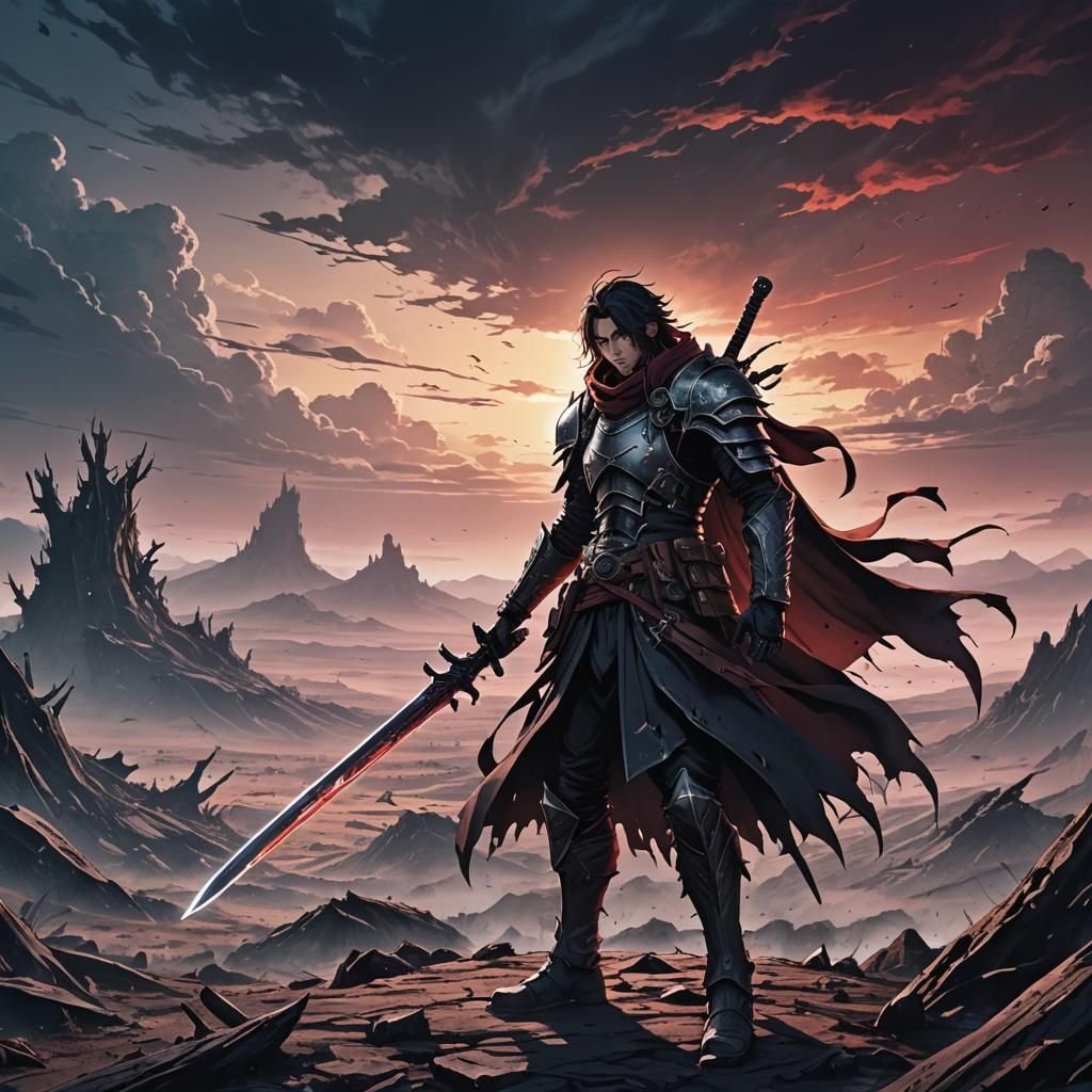 Dark Fantasy Anime Warrior in Post-Apocalyptic World