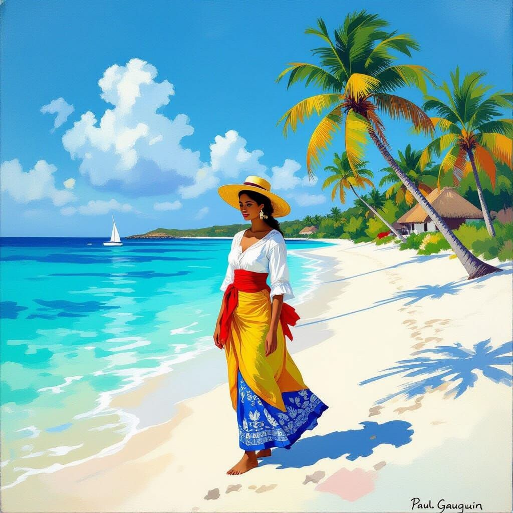 Aruban Woman on Beach in Impressionist Style