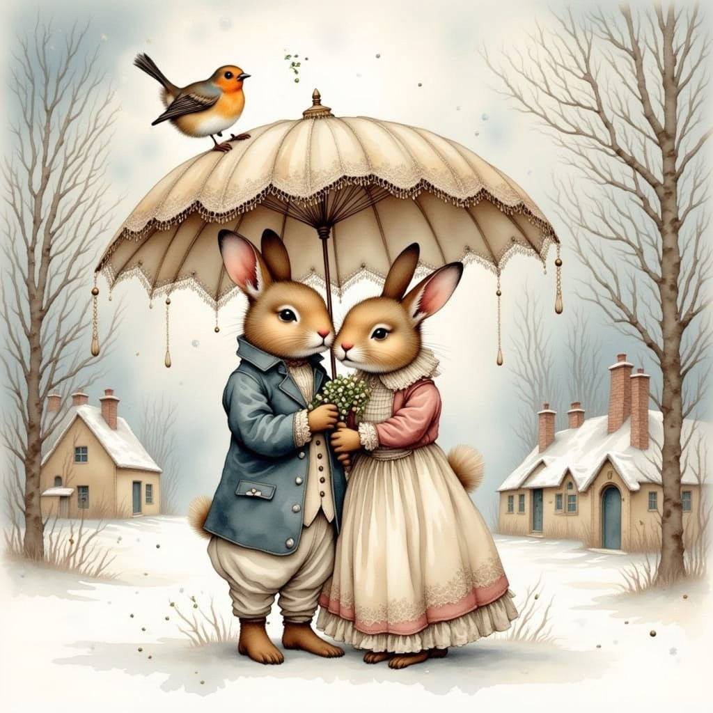 Vintage Winter Postcard: Rabbits Under Umbrella