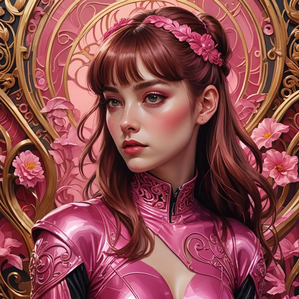 una mujer joven ojos grandes rosas, nariz pequeña, labios in...