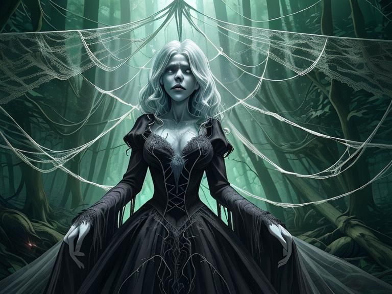 Woman Entangled in Spiderweb in Enchanted Forest