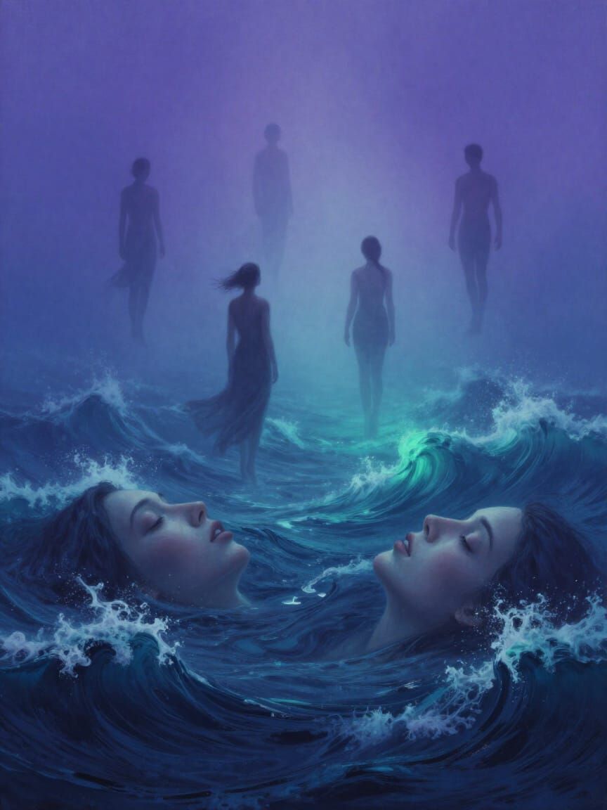 Surreal Emotional Ocean With Ethereal Figures and Expressive...