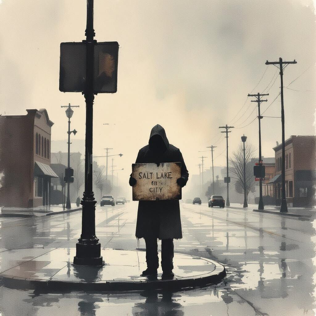 Melancholy Figure on Desolate Street in Watercolor Style