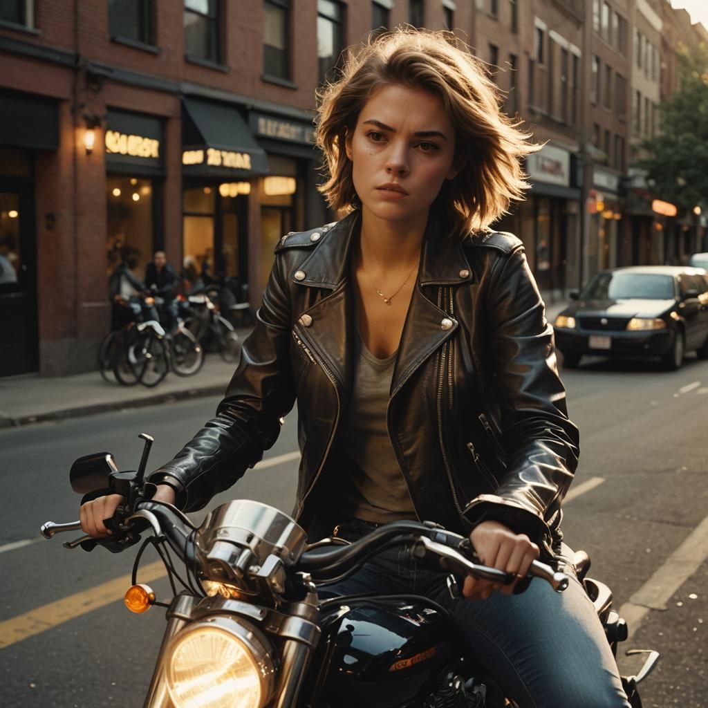 Tomboy on Heavy Bike in Cinematic Film Still