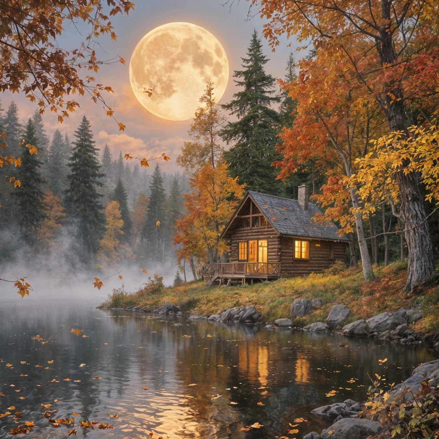Cozy Autumn Cabin by Moonlit Lake