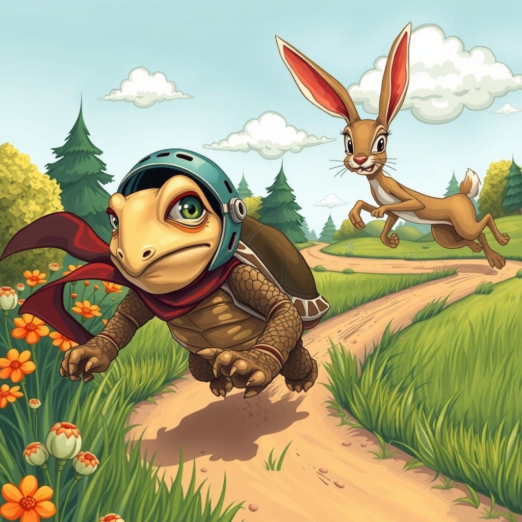 Turtle Races Hare in Folk Art Style