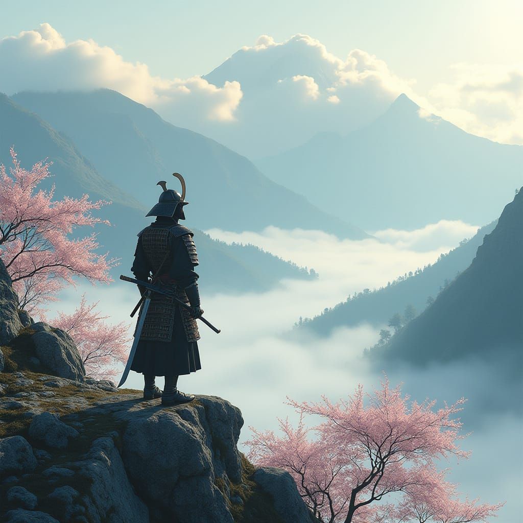 Samurai on Mountaintop in Japanese Art Style