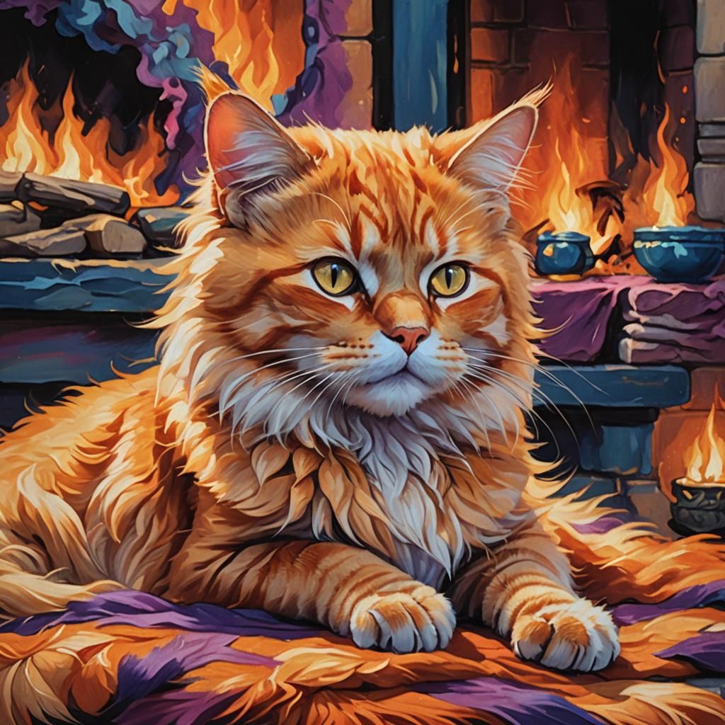 Orange Cat by Fireplace: Whimsical Oil Painting