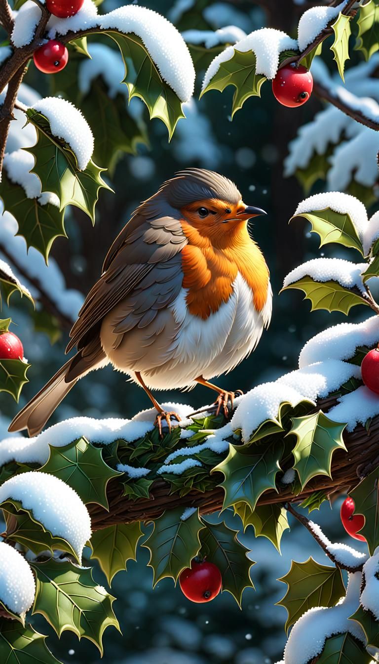 Snow Apple Robin Collecting Holly Leaves