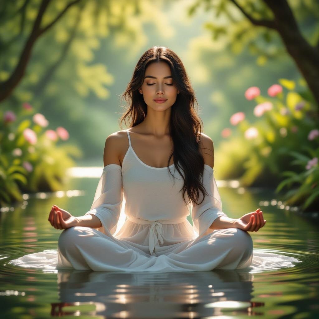 Serene Woman Meditating in Nature, Ultra-Realistic Cinematic...
