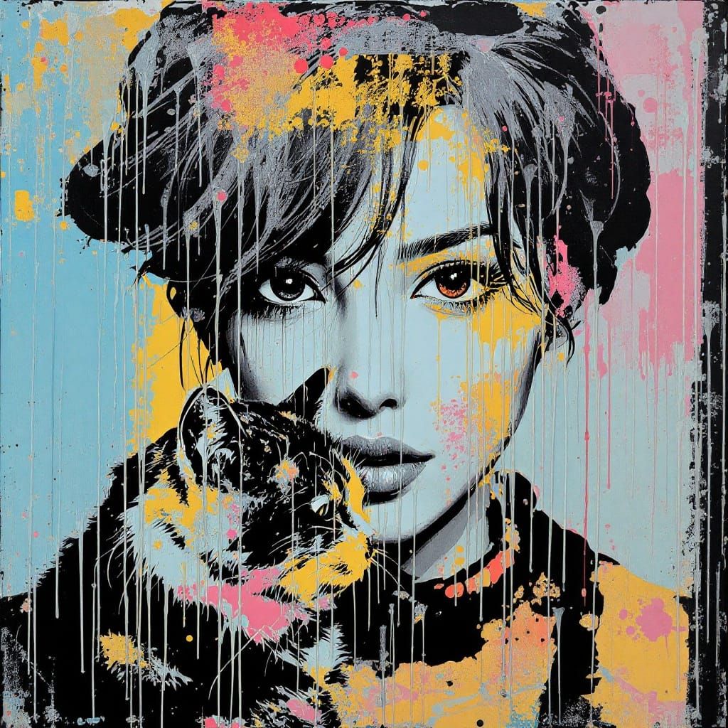 Woman and Cat in Tokyo: Pop Art Style