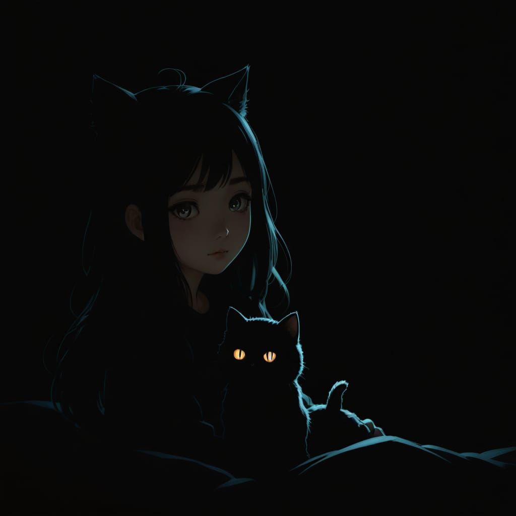Chibi Ghost Girl with Black Cat in Cozy Bedroom