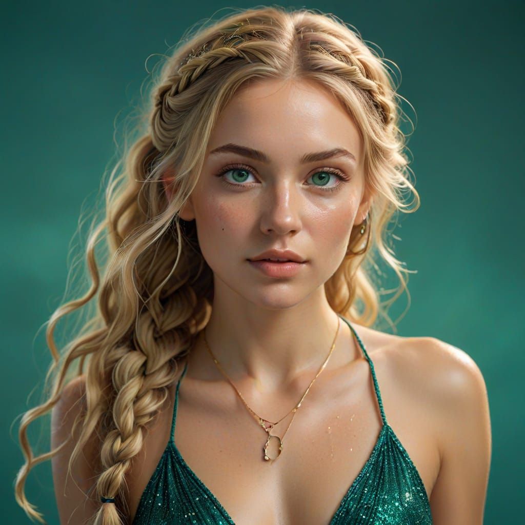 Glowing Young Woman in Vibrant Bikini, Soft Teal Background