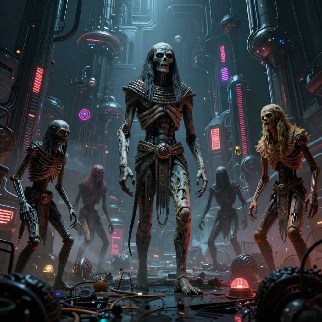 Horror Mummy Assault in Futuristic Biomechanical World