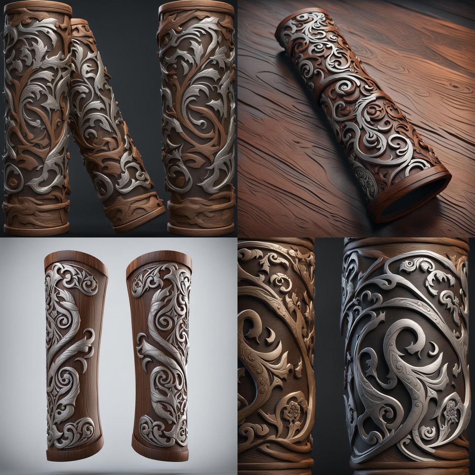 Engraved Wooden Arm Bracers in 3D Game Style