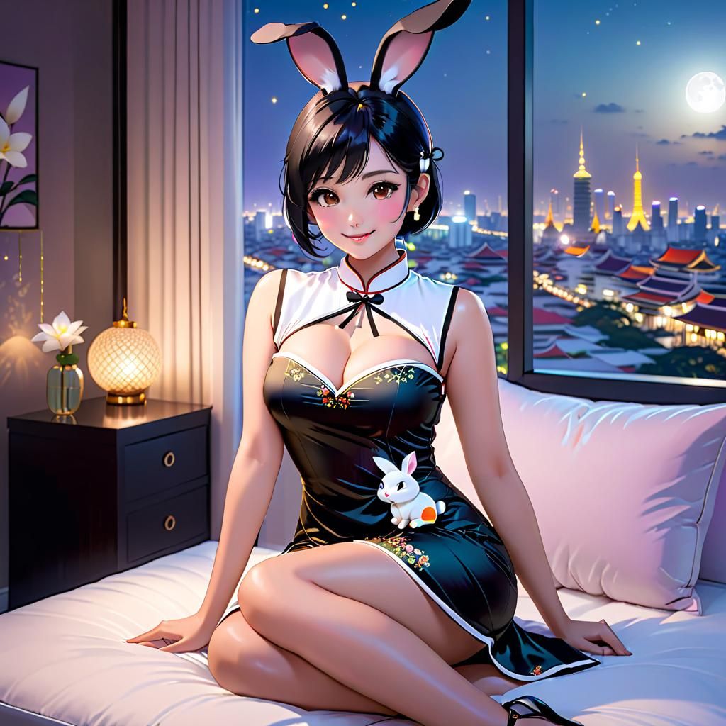Cute Thai Bunny-Girl in Qipao with Bangkok View