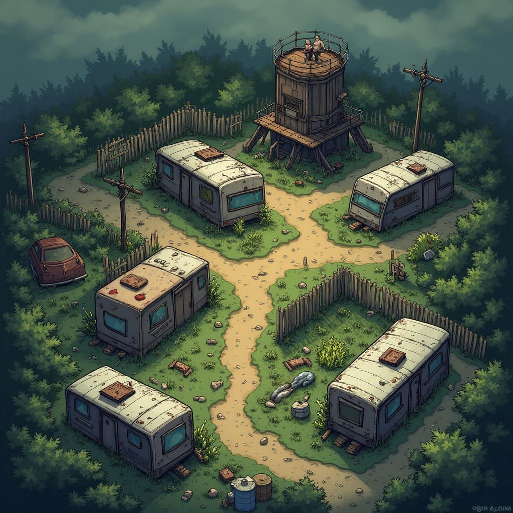 Fortified Trailer Park Amidst Zombie Apocalypse in Isometric...