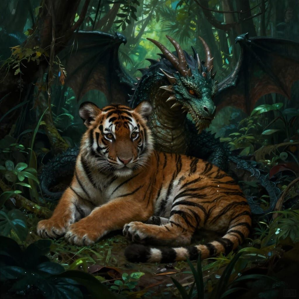 Baby Tiger and Dragon Snuggling in Dark Fantasy Jungle