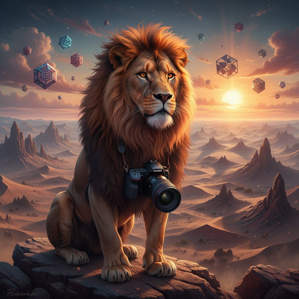 Lion Photographer Overlooks Mystical Desert Sunset