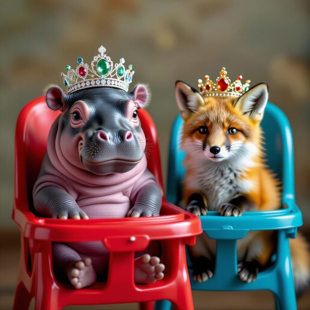 Baby Hippo Queen and Fox Portrait
