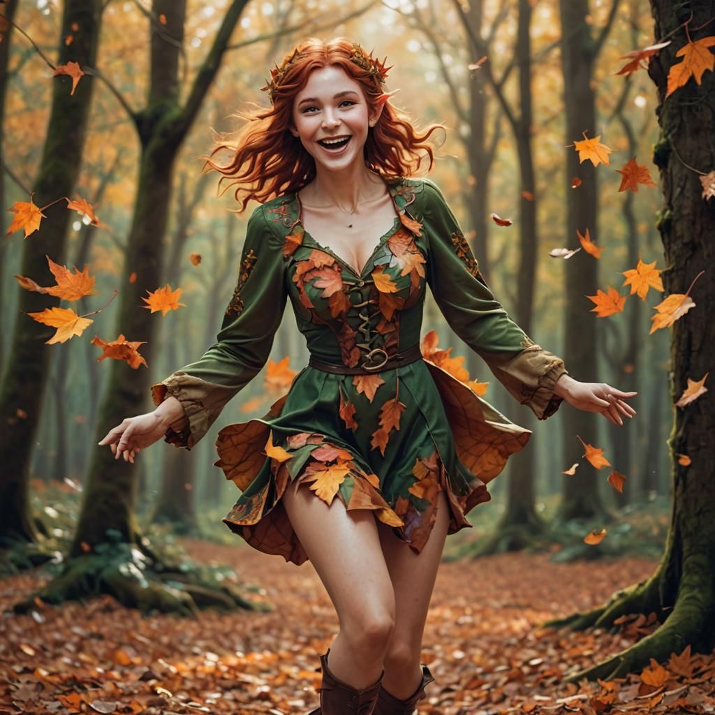 Psychedelic Forest Elf Leaping in Autumn Dress