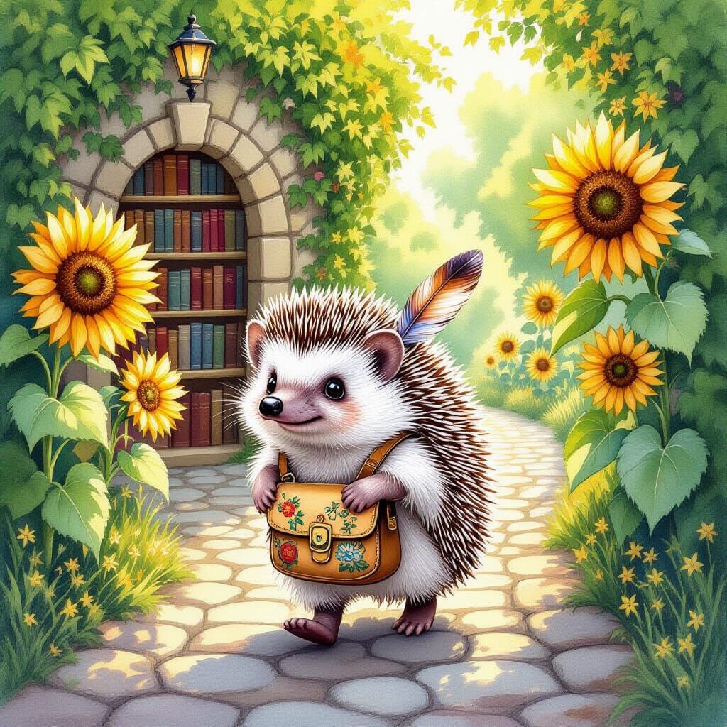 Hedgehog with Satchel Journeys to Forgotten Spell Library