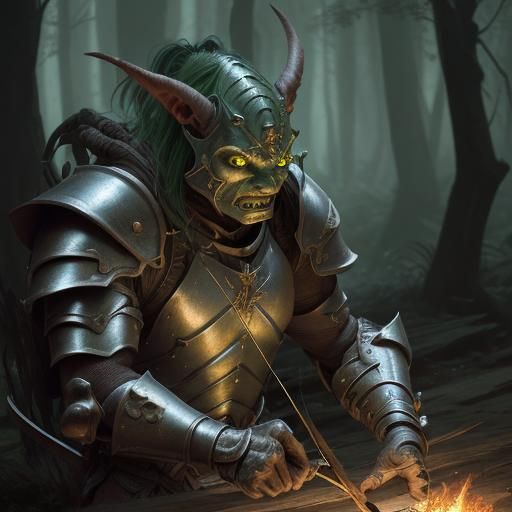 Goblin Warrior in Forest at Night, Dark Fantasy Art